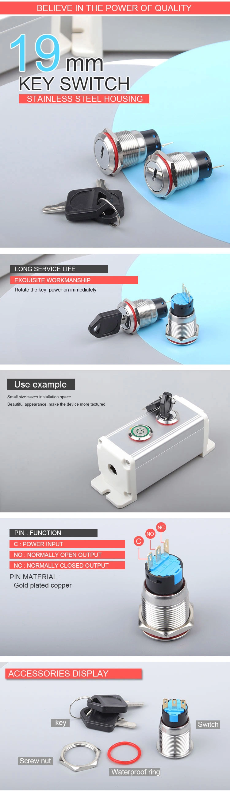 Wd Metal 19mm Conversion Second Gear Third Gear Stainless Steel Self-Recovery Self-Locking with Key Rotary Switch